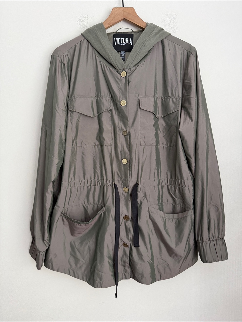 Victoria’s Secret Sport reflective Jacket olive green snap button hooded L